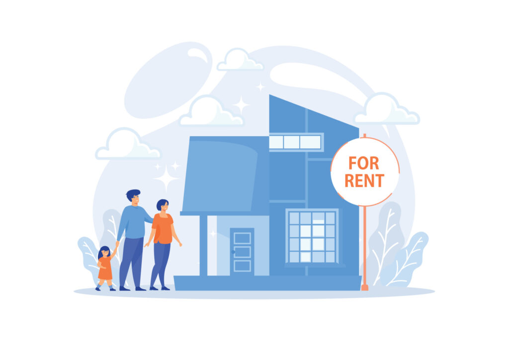 Family moving to countryside area. Realtor shows townhouse. House for rent, booking hose online, best rental property, real estate services concept. flat vector modern illustration